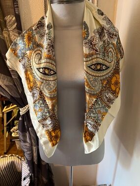 Printed Paisley Satin Scarf in Mustard and Cream